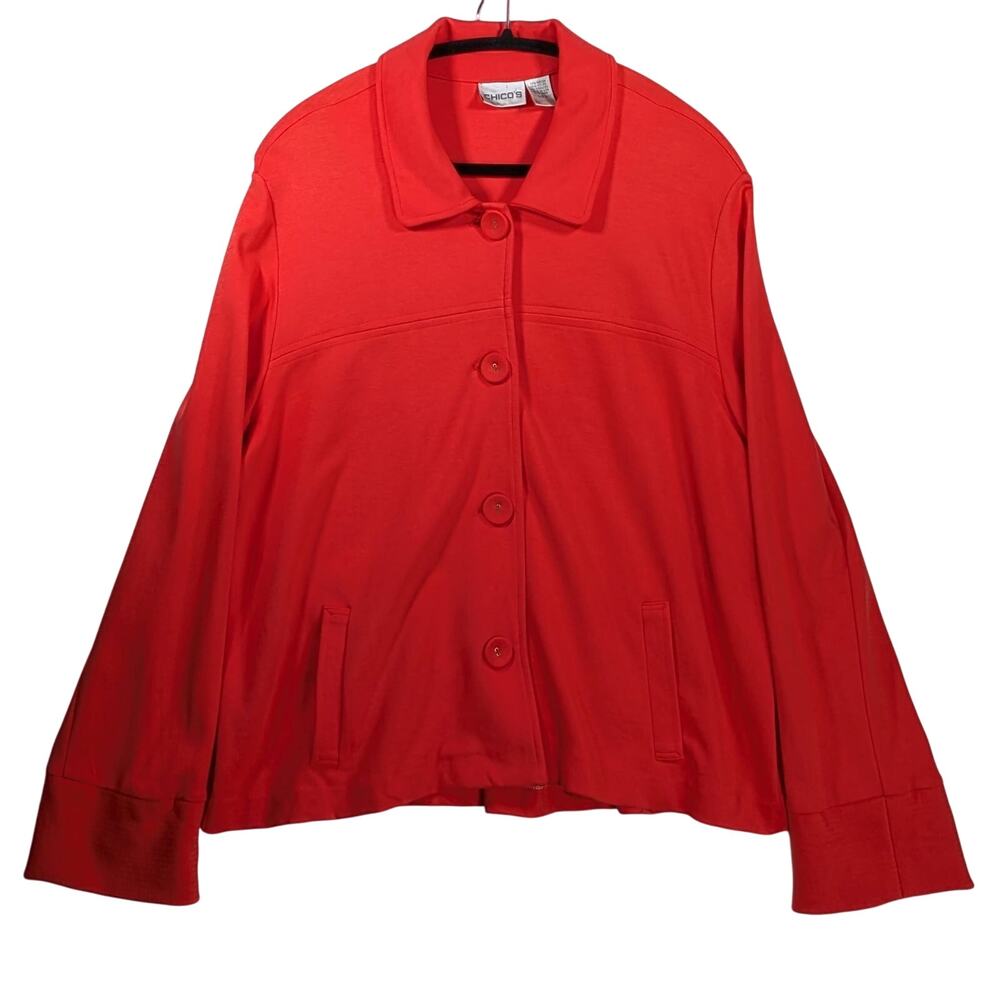 Chicos Women Red Knitt Button down blazer with pockets Size 3